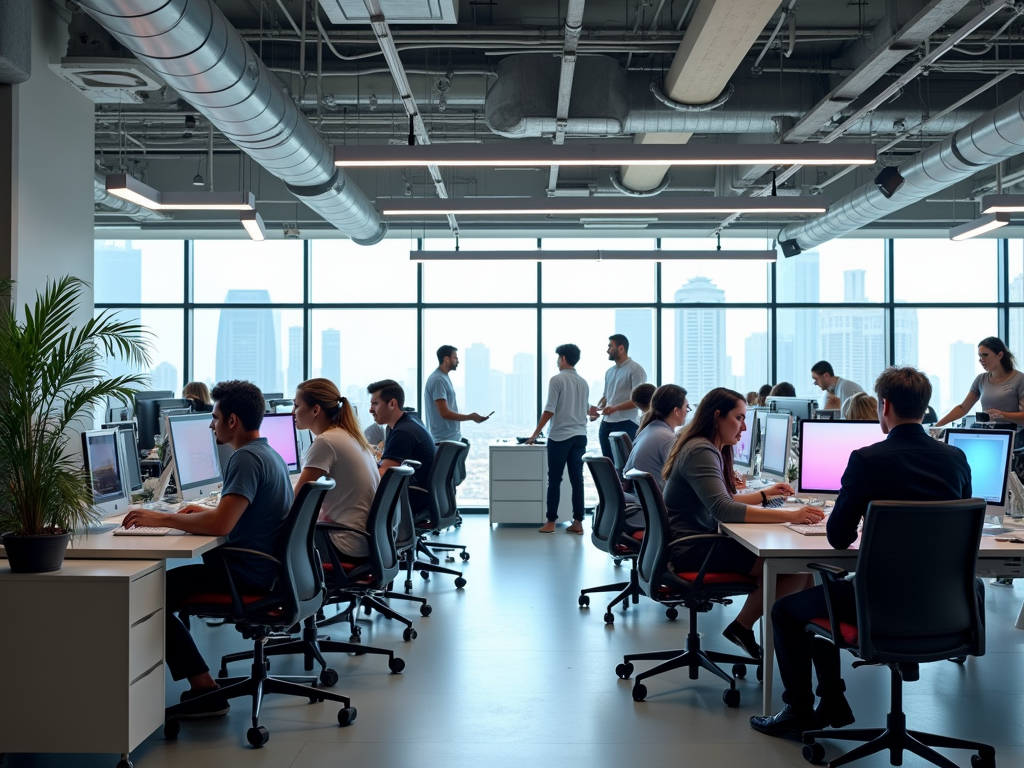 Modern office space with employees working at desks and engaging in discussions against a backdrop of large windows and city views.