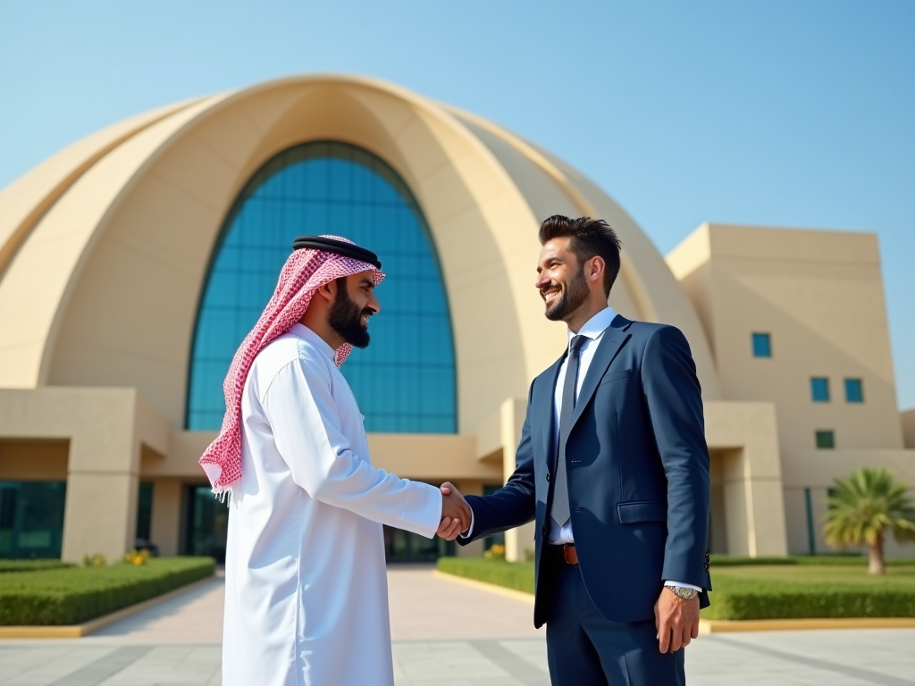 Two businessmen, one in traditional Arab attire, shaking hands in front of a modern arch building.