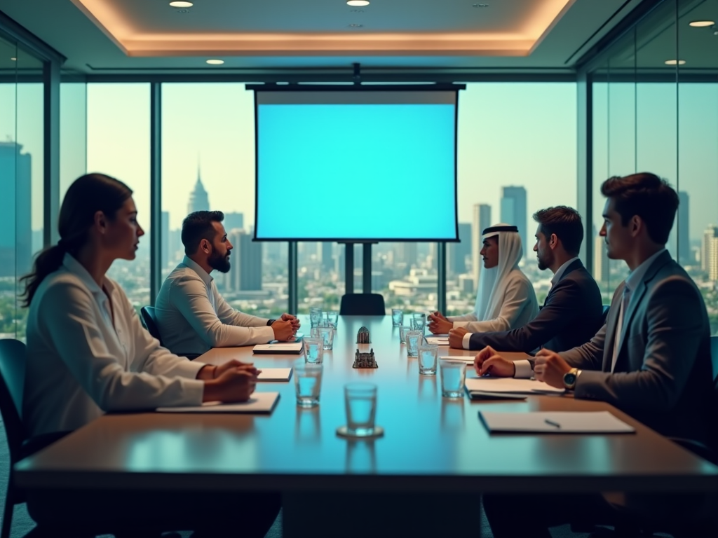 Professionals sitting in a modern conference room with a cityscape view and a blank presentation screen.