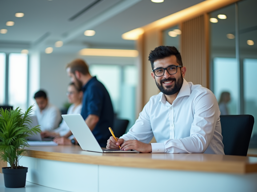 Smiling man with glasses in a white shirt seated at an office desk with colleagues working in the background.