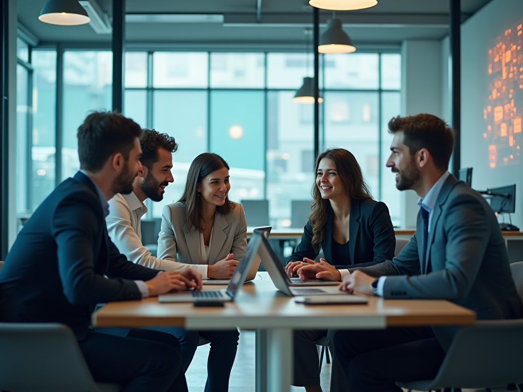 Five professionals engaging in a discussion around a table in a modern office setting.