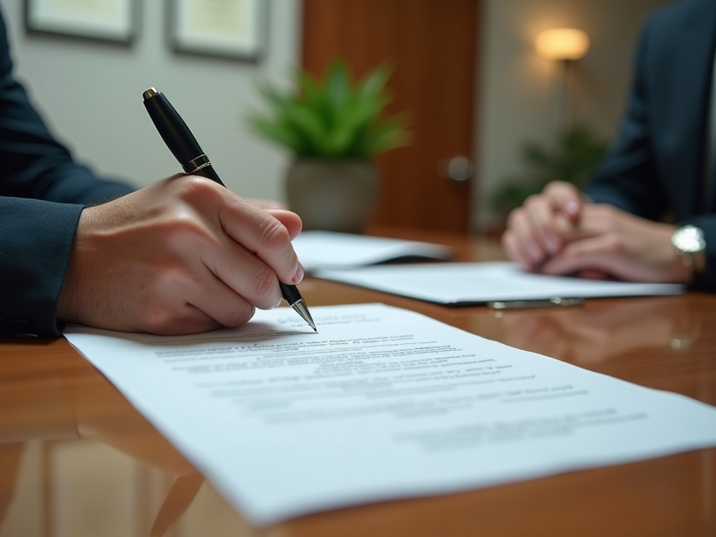 Person signing a document with another individual observing in an office setting.