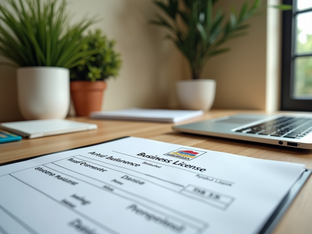 Close-up of a business license form on a desk with a laptop and potted plants in the background.