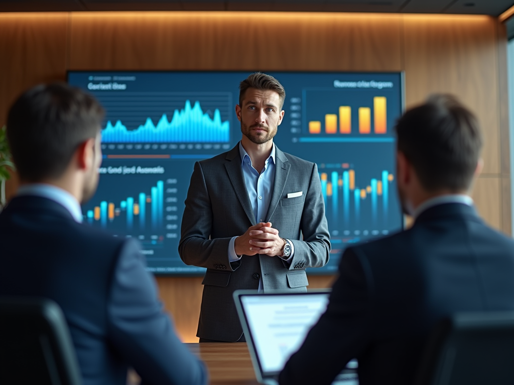 Businessman leading a meeting with digital data displays in the background.