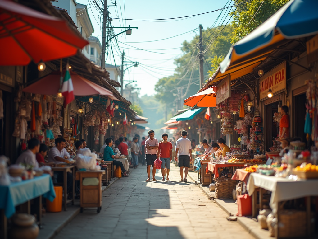 Bustling street market scene with shoppers and colorful umbrellas under a sunny sky.