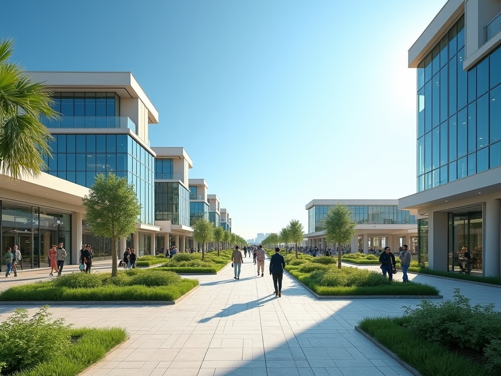 Modern business district with pedestrians, clear skies, and lush greenery between buildings.