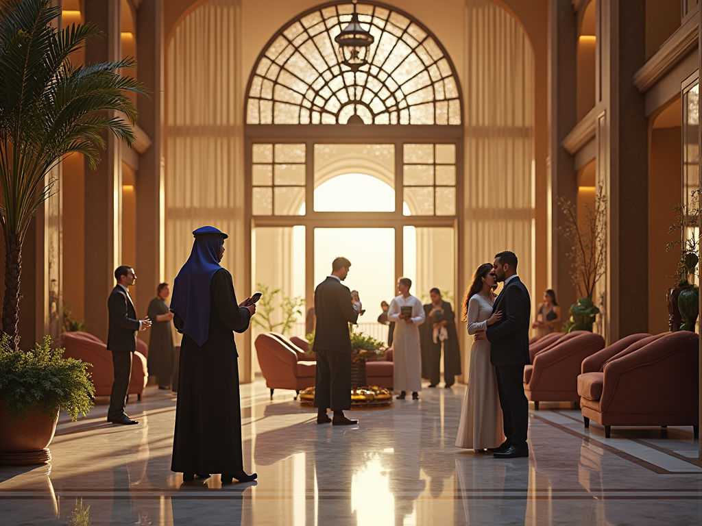 Elegant hotel lobby at sunset with guests socializing, including a couple embracing romantically.