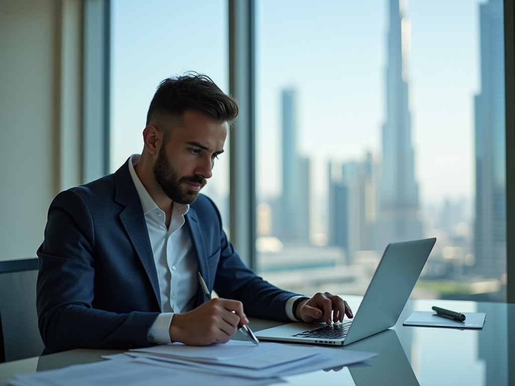 Businessman writing notes and using laptop in an office with cityscape view.