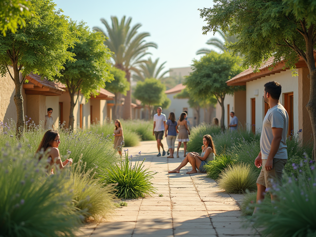 A sunny pathway lined with palm trees and lavender, with people socializing near charming bungalow-style buildings.