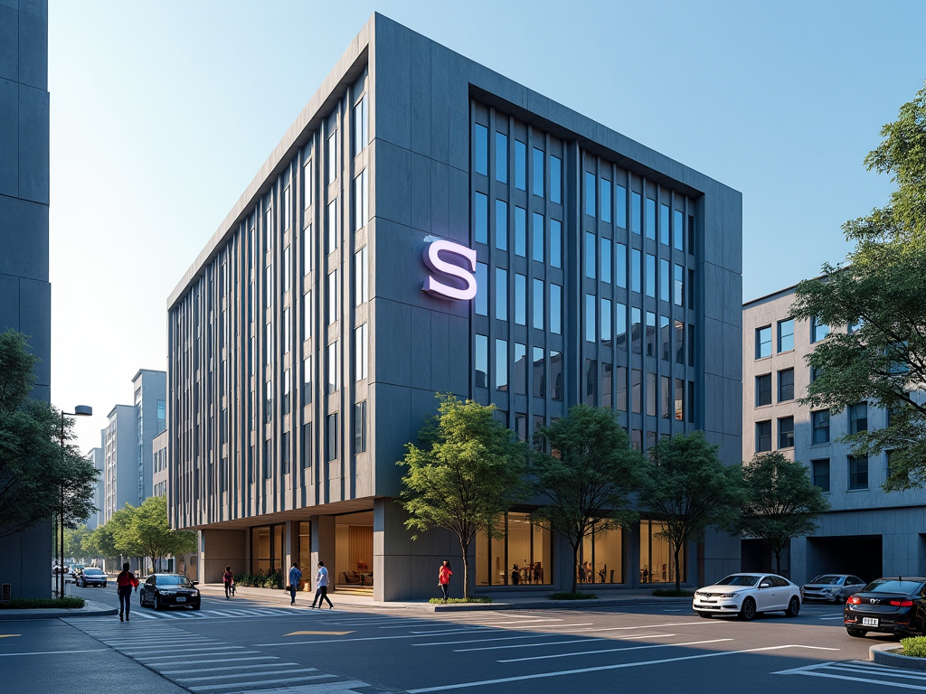 Modern office building with a big 'S' logo, people walking, and cars on the street in early evening light.