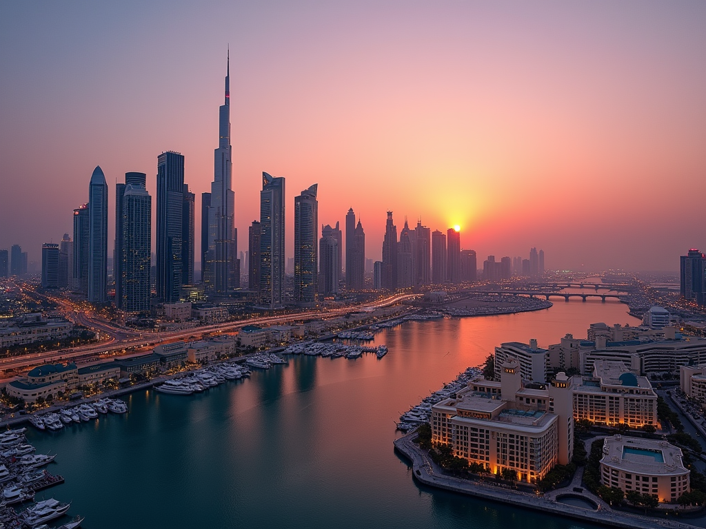 Sunset over Dubai skyline with skyscrapers and the Burj Khalifa visible next to a marina.