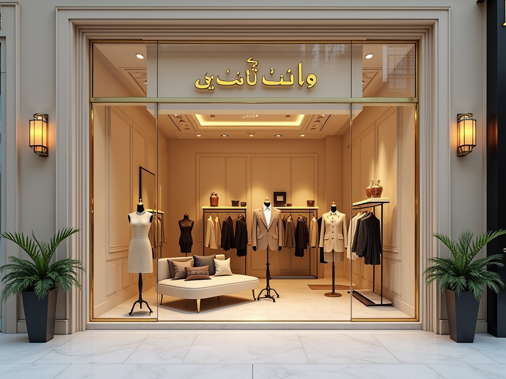 A stylish boutique displaying elegant clothing on mannequins with modern decor and greenery outside.