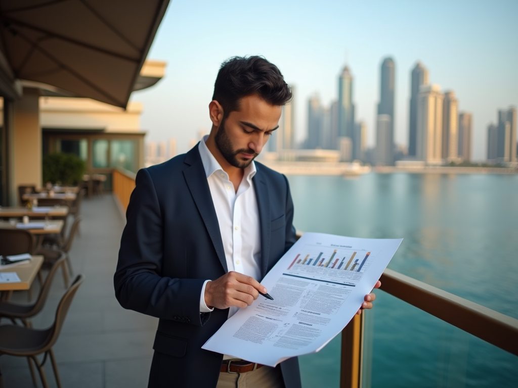 Man in suit reviews documents on a balcony with a city skyline and water in the background.