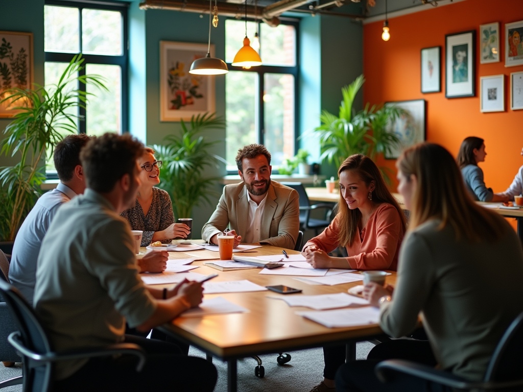 Group of professionals in a colorful meeting room engaged in a discussion.