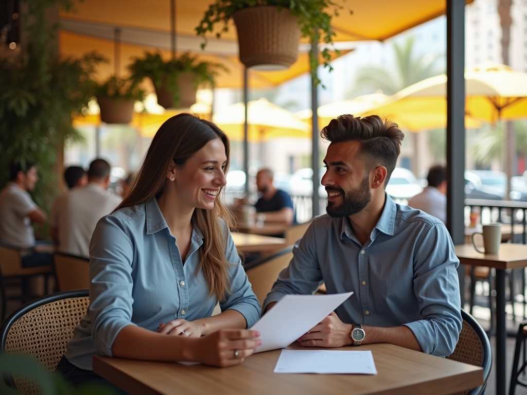 A man and woman in casual outfits discussing over papers in a sunny, plant-filled cafe.