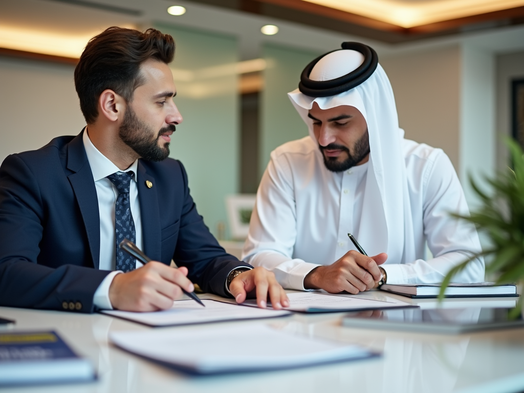 Two businessmen, one in a suit and one in traditional Emirati attire, discussing documents at a table.