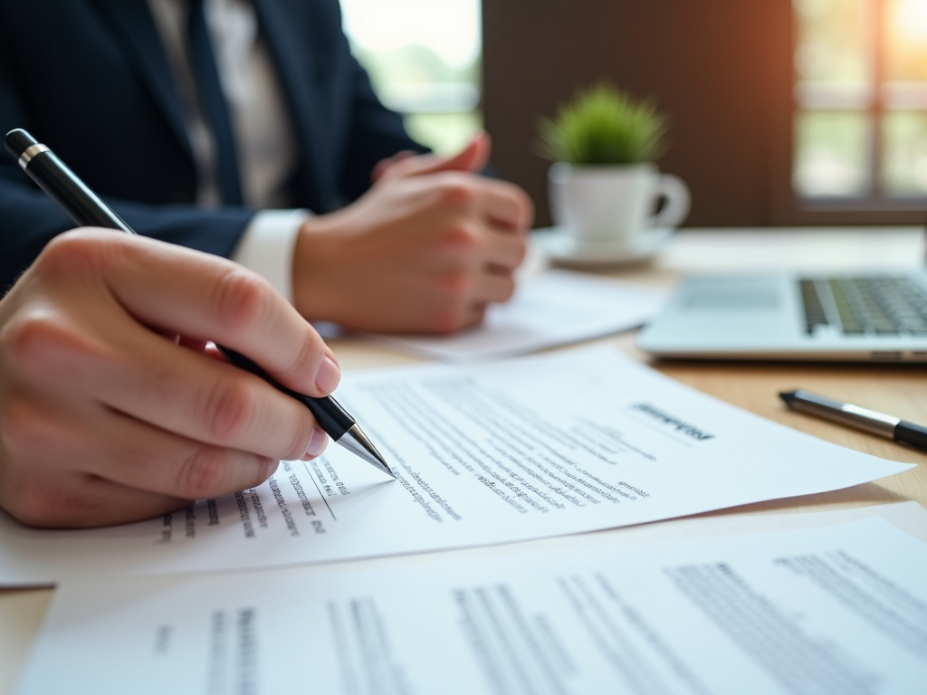 Businessperson signing documents at desk with laptop and coffee nearby.