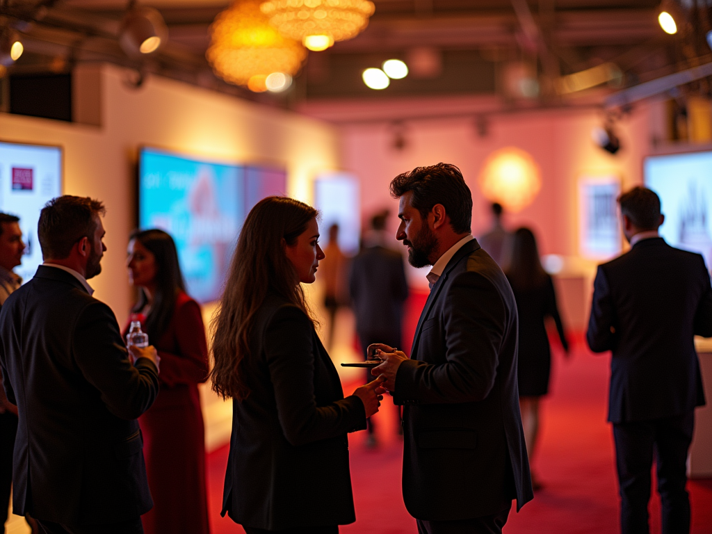 A networking event scene with people engaged in conversation in a stylish venue, featuring a red carpet and screens.