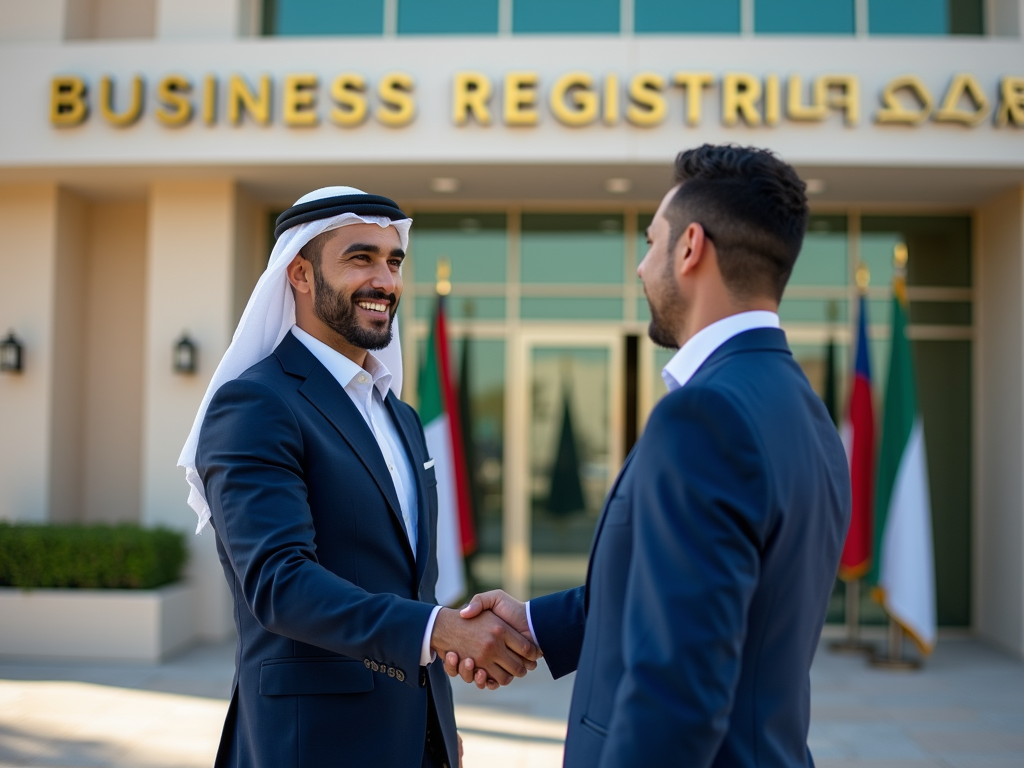 Two businessmen shaking hands in front of a building labeled "BUSINESS REGISTRAR."