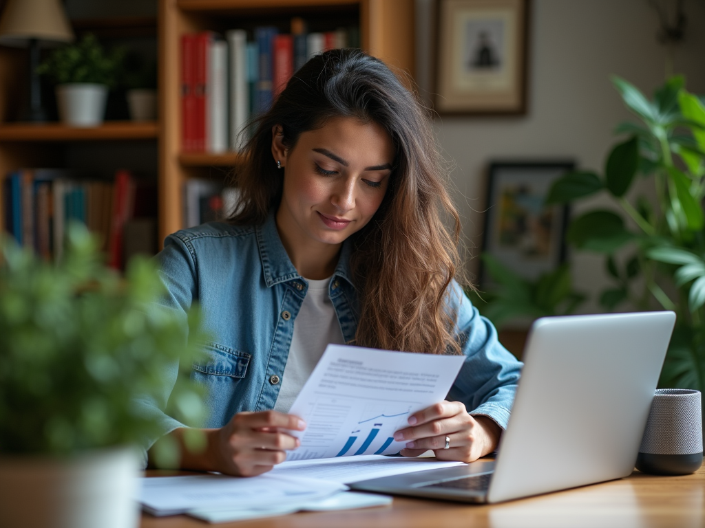 Woman in denim shirt reviewing documents at a home office desk with a laptop.