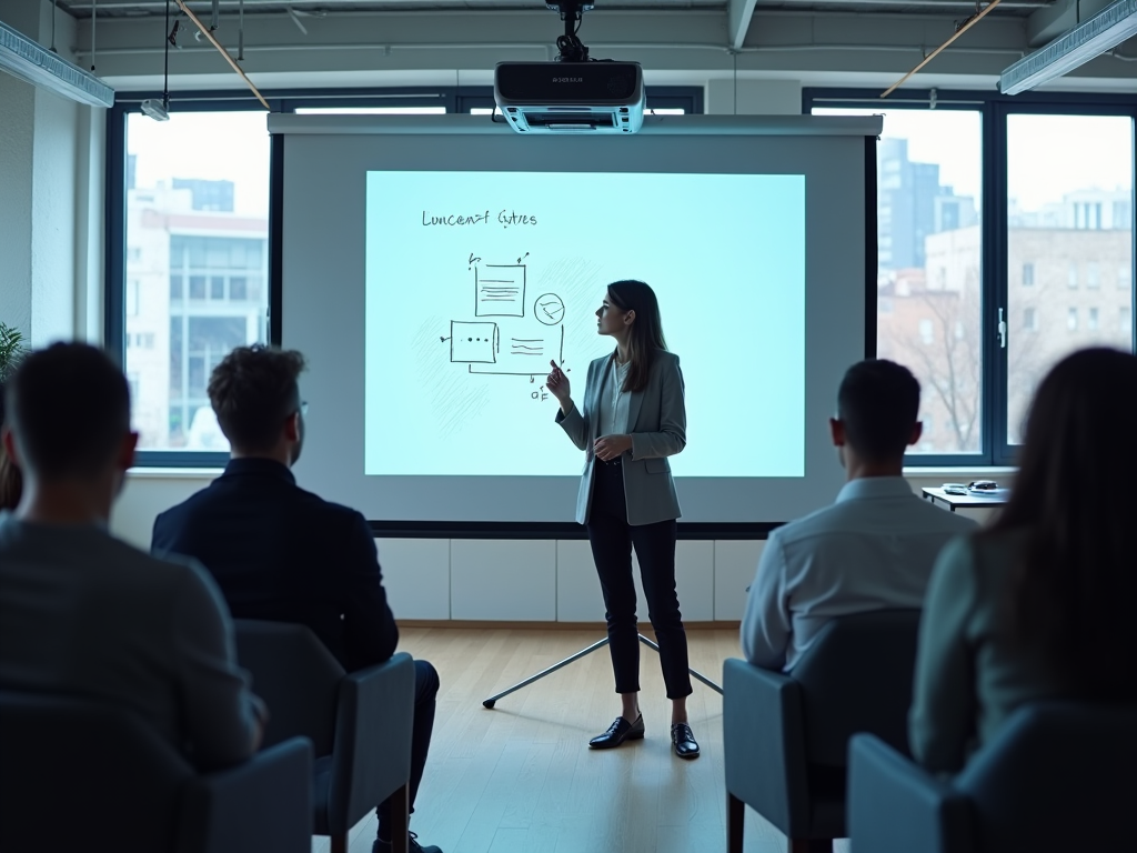 Woman presenting on "Lucent Gyres" to a focused audience in a modern office.