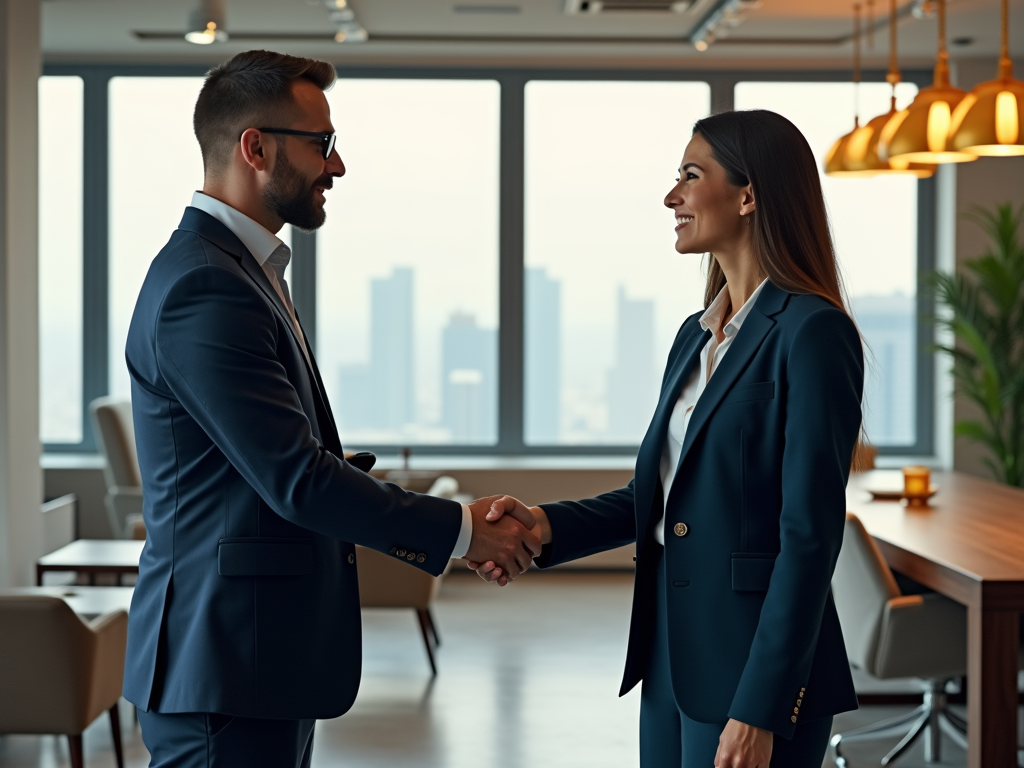 Two professionals shaking hands in a modern office with cityscape in background.