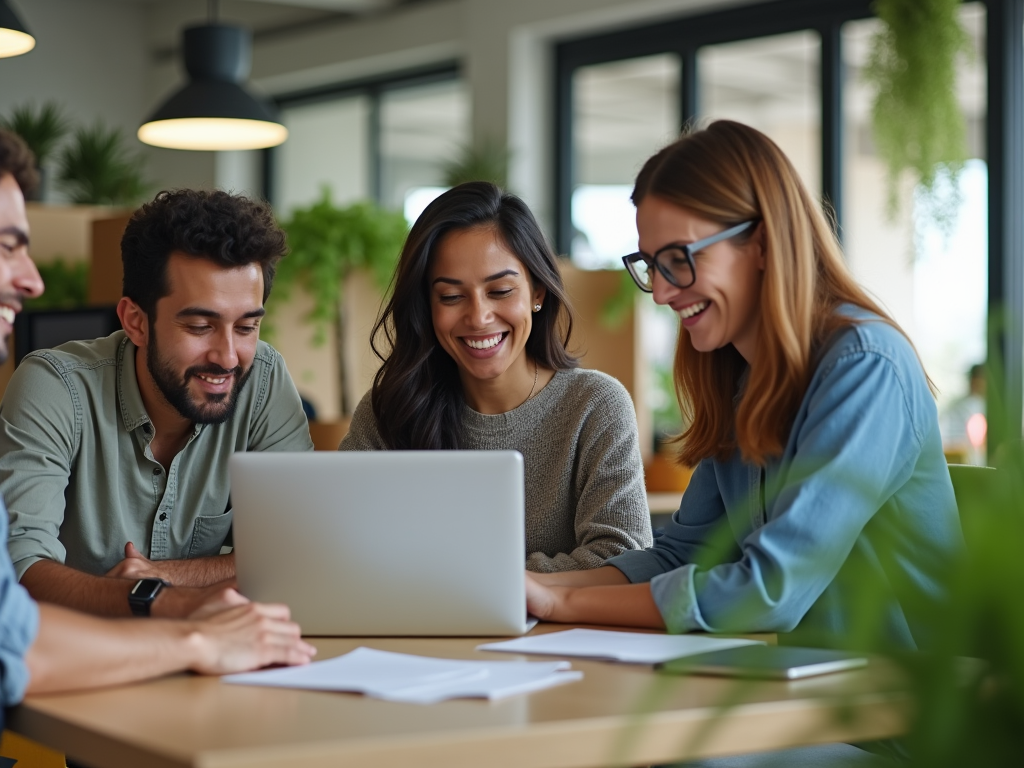 Four colleagues interact around a laptop in a modern office, smiling and engaged.