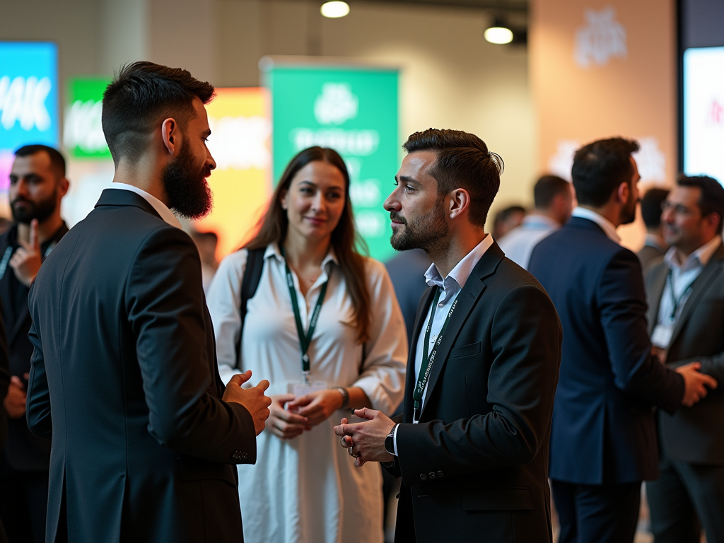 Two men in suits conversing at a professional networking event, with others in the background.