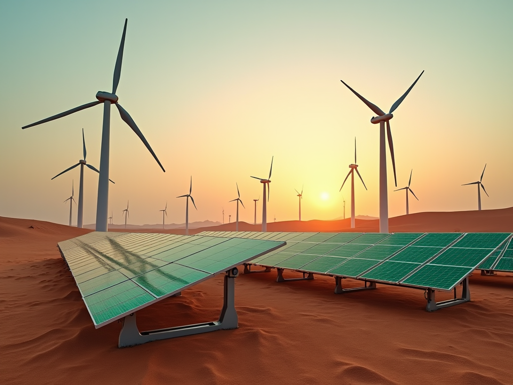 Solar panels and wind turbines in a desert at sunset, showcasing renewable energy sources.