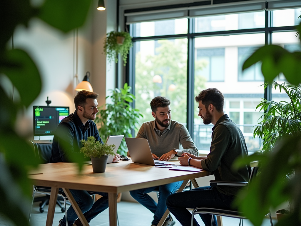 Three men are discussing ideas at a table with laptops in a bright, plant-filled office space.