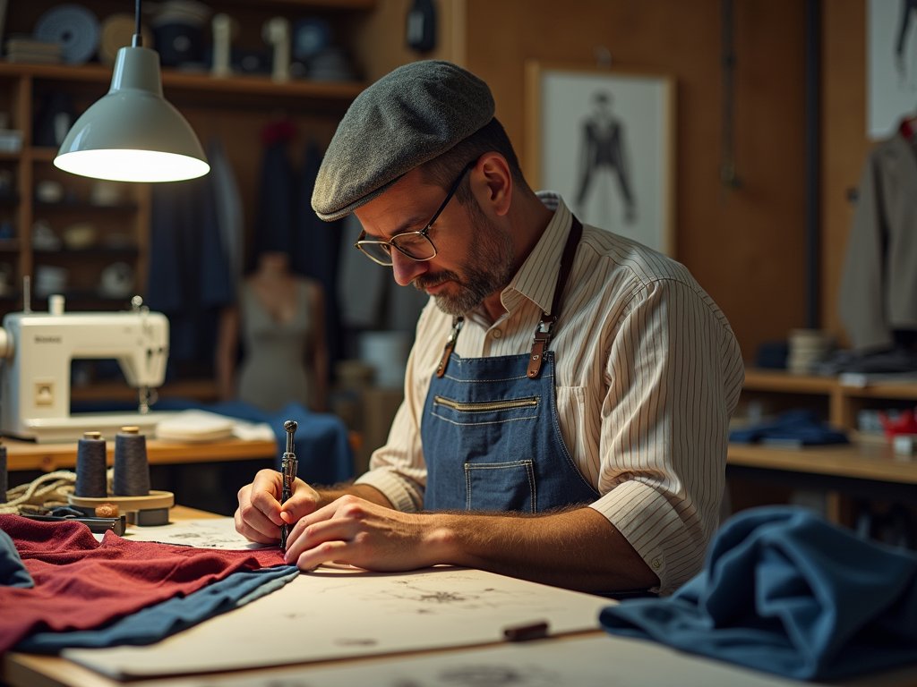 A focused tailor sketches designs on cloth in a well-organized workshop, surrounded by fabric and tools.