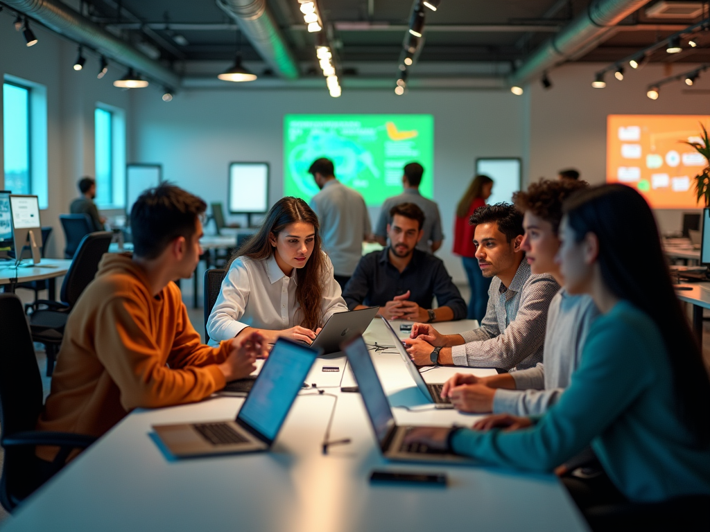 Young professionals engaged in a discussion around a conference table in a modern office setting.