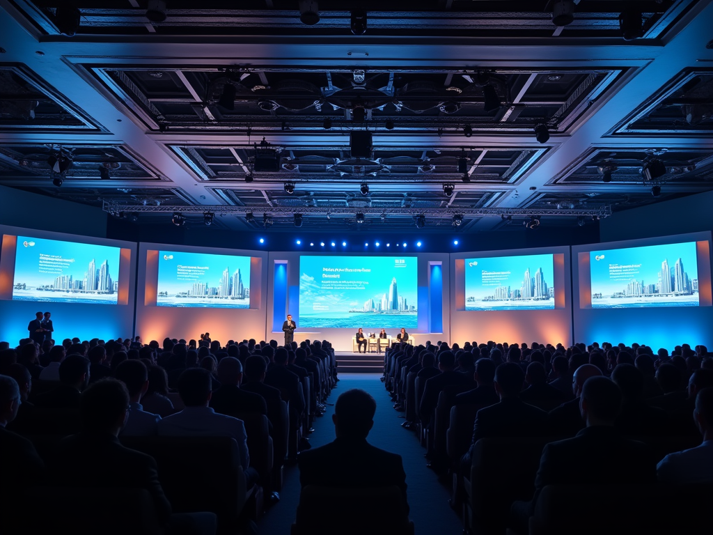 Business conference in a large hall with attendees watching a presentation displayed on multiple screens.