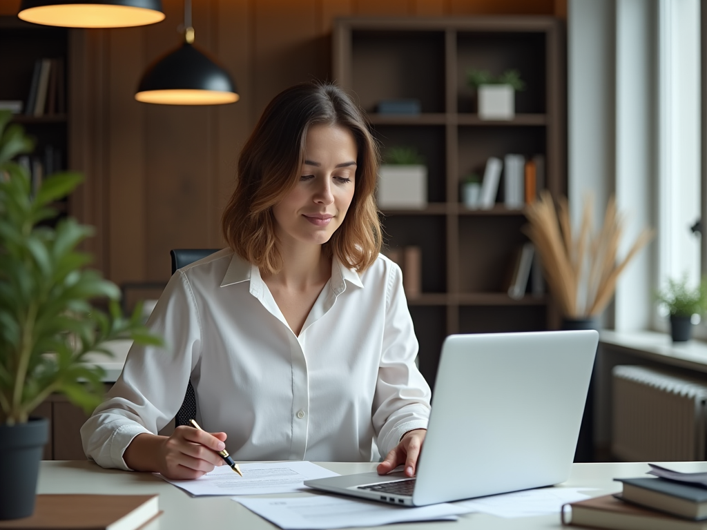 Woman working on laptop and taking notes in a warmly lit office space.