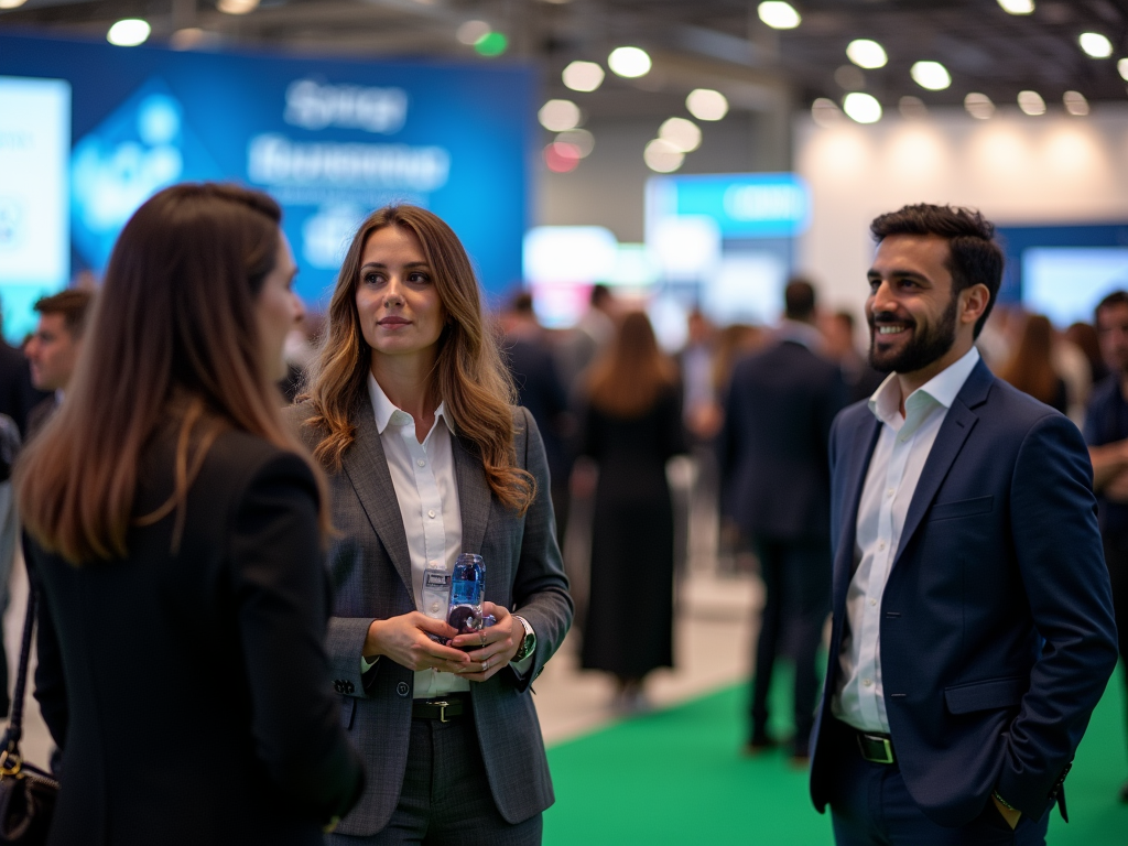 Three professionals in suits at a business expo, engaging in conversation, with vibrant company booths in the background.