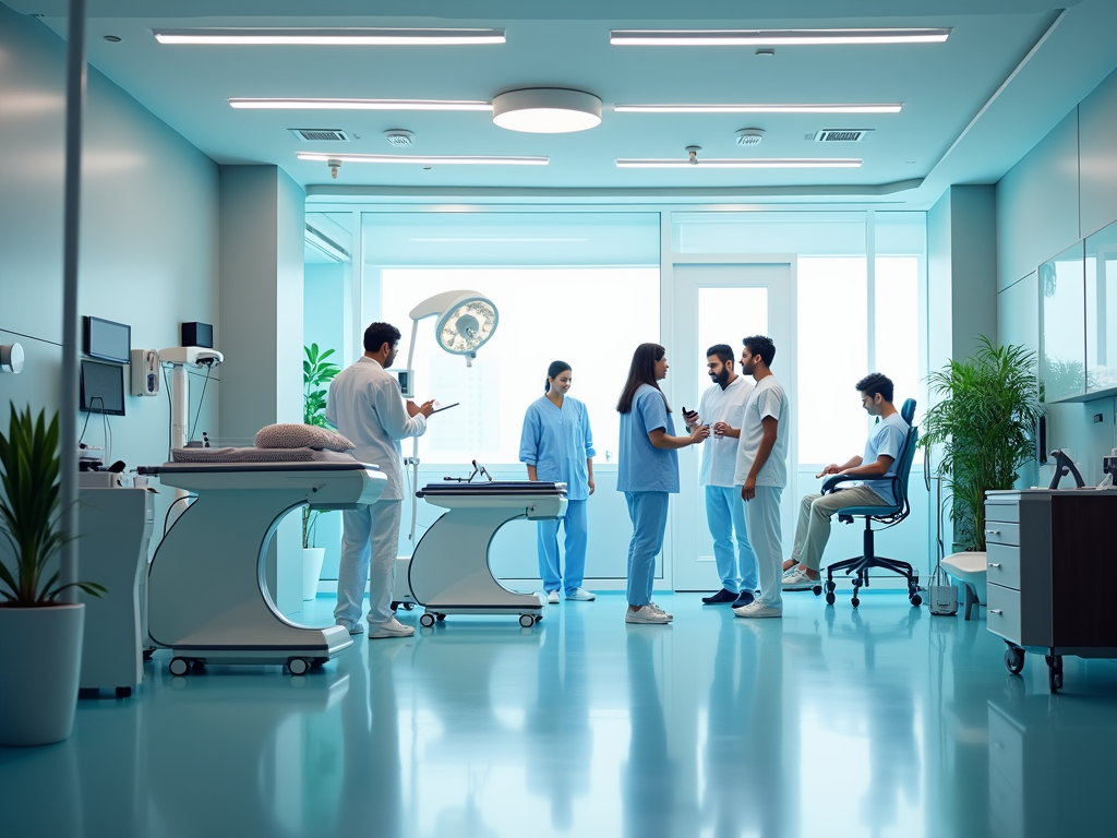 Group of healthcare workers conversing in a modern hospital room with medical equipment.