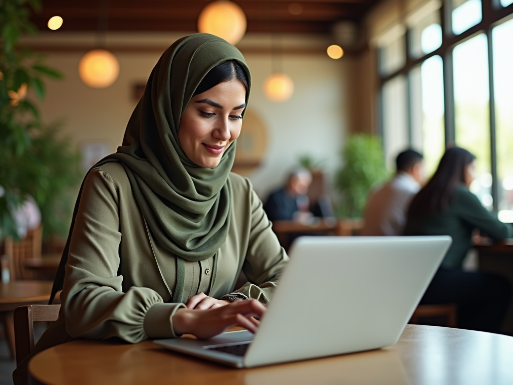 Woman in hijab using laptop at a cafe table, smiling gently, with soft lighting and blurred background.