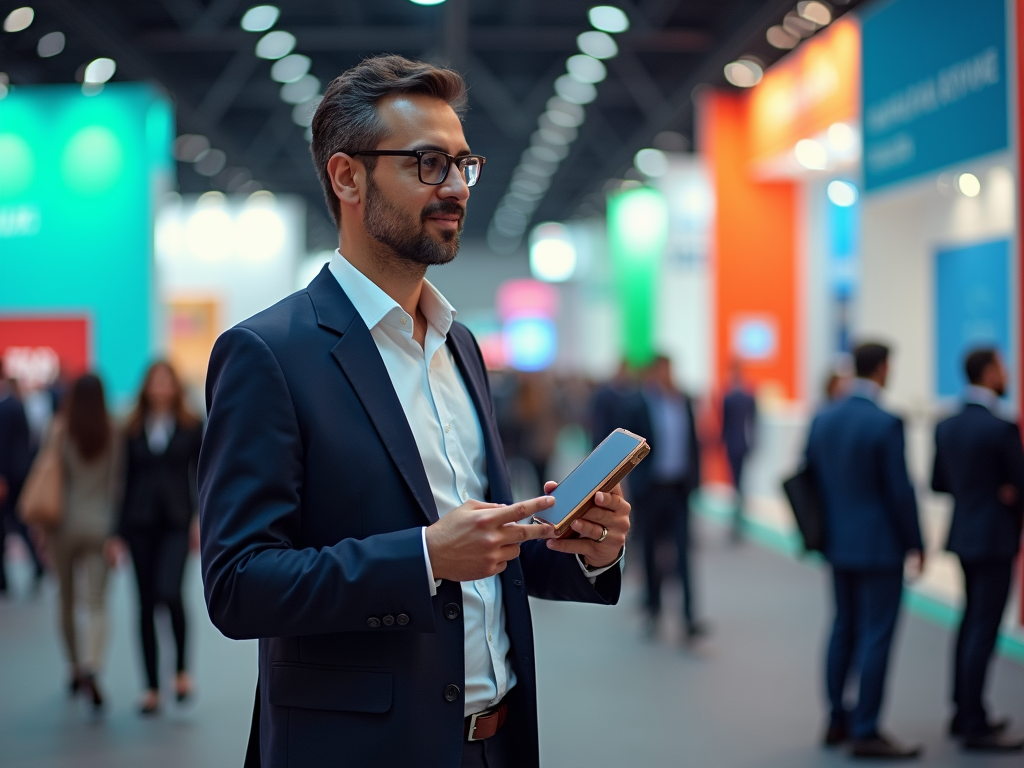 Man in suit holding phone at busy trade show.