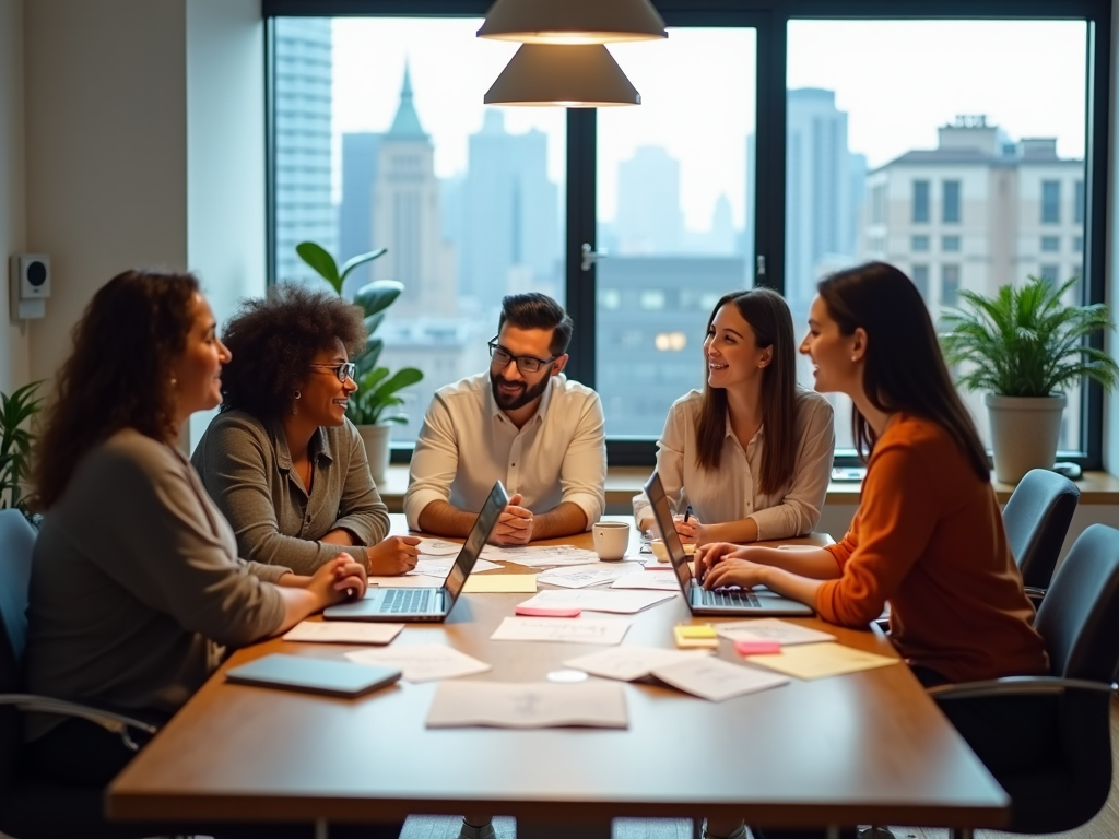 Diverse group of professionals discussing around a table in a well-lit office with city views.