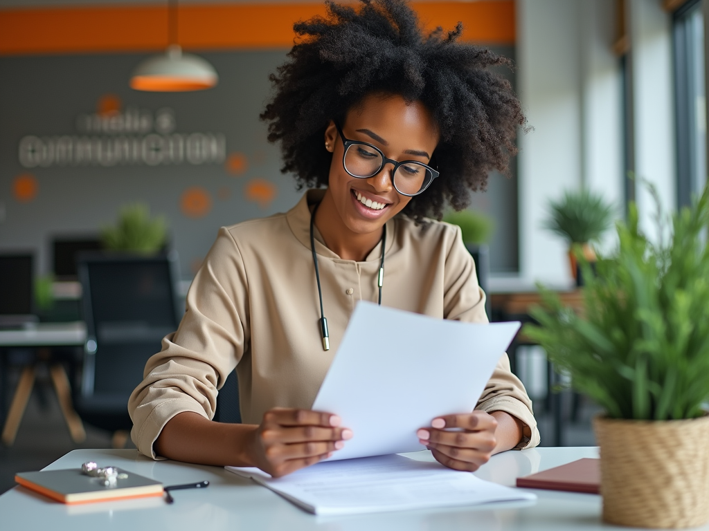 A young woman with curly hair smiles while reading documents at her desk in a bright office setting.