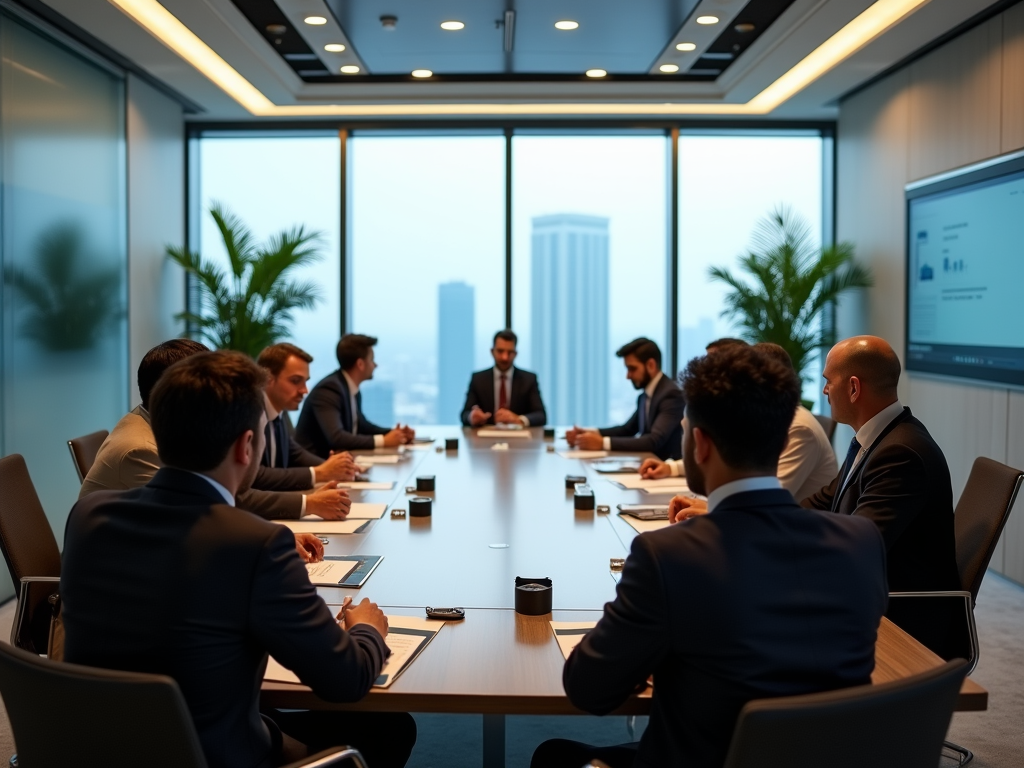 Businesspeople discussing in a modern office boardroom with cityscape view.