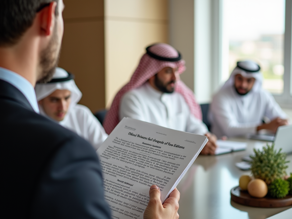 Businessman holding a document during a meeting with three Middle Eastern men in traditional attire.